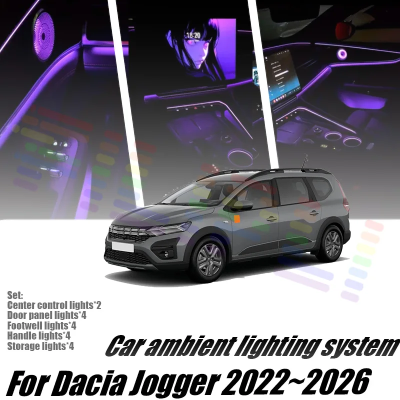 Für Dacia Jogger 2022~2026 Auto-LED-Ambientebeleuchtung Farbige Atmosphärenlichter Auto-Innenraum Neonstreifen 64 RGB-Beleuchtung