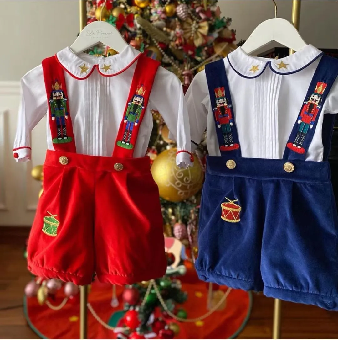 Baby Boy Set Autumn Winter Red Blue Velvet Nutcracker Embroidery Vintage for Eid Causal