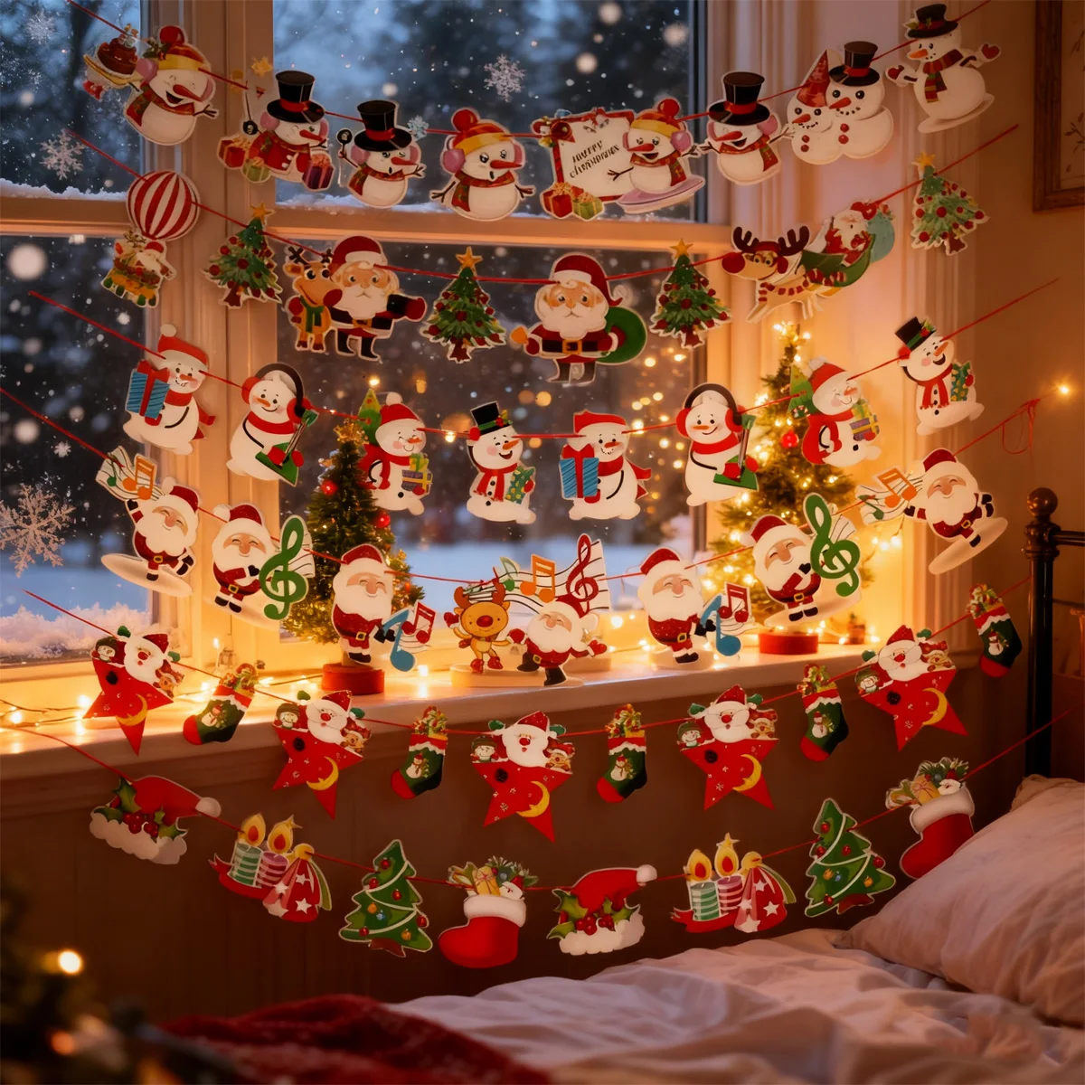 

Christmas decorative items, cartoon banners, colorful flags, Christmas festival scene arrangements, paper hanging flags