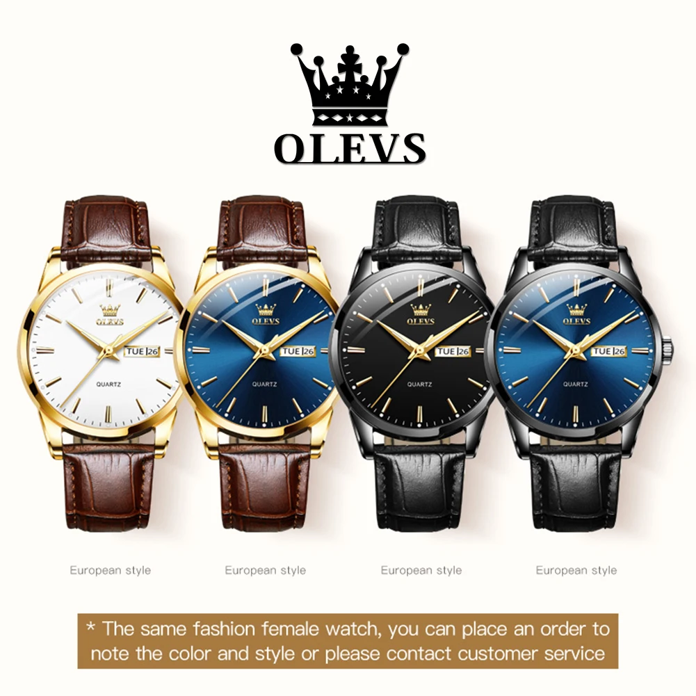 OLVES Top Brand Men\'s Watches Original Simple Blue Face Quartz Wristwatch for Man Waterproof Leather Strap Business Watch Casual