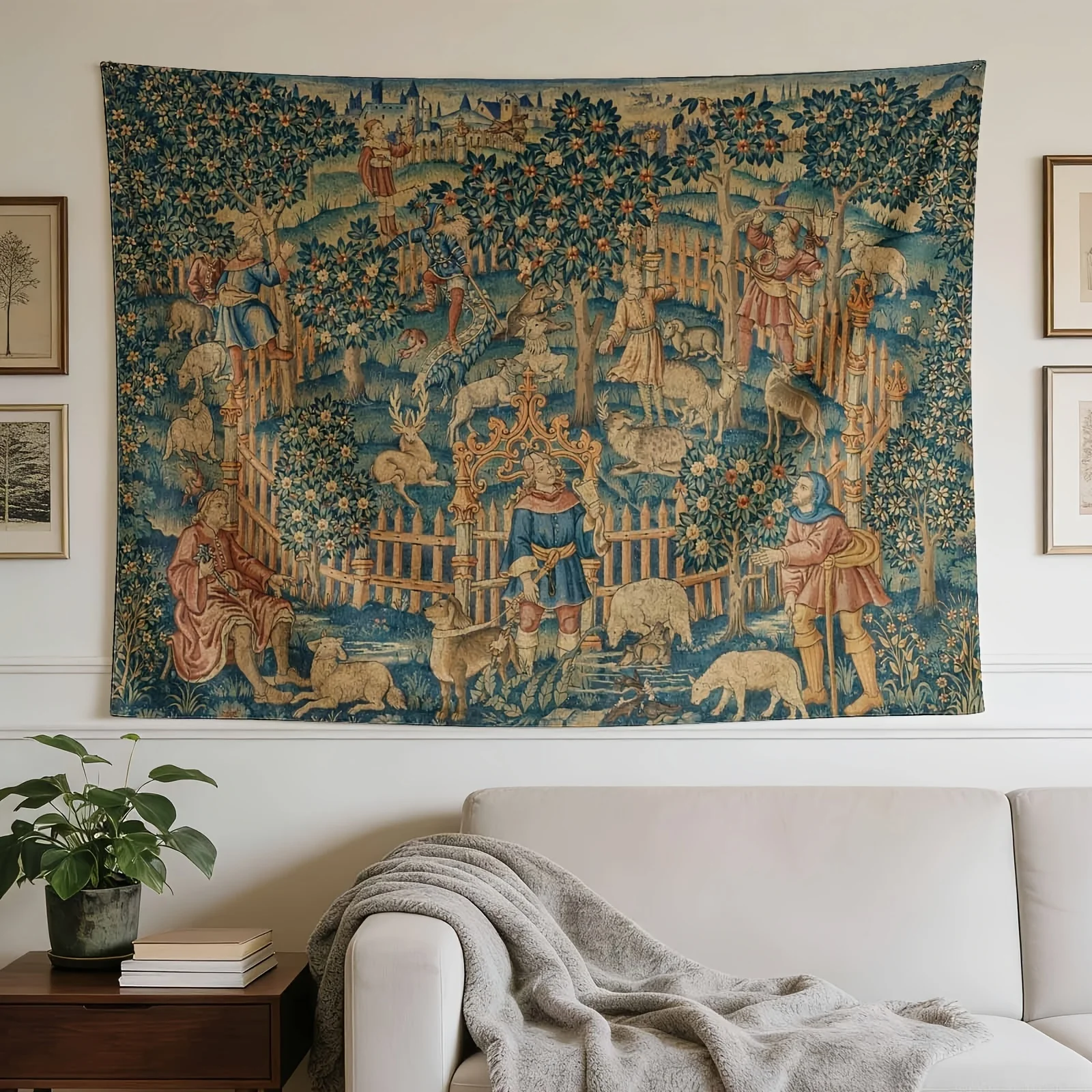 Medieval Tapestry Wall Hanging - Royal Figures & Forest Castle Scene with Knights, Horizontal Wall Decor Suitable for, Dorm