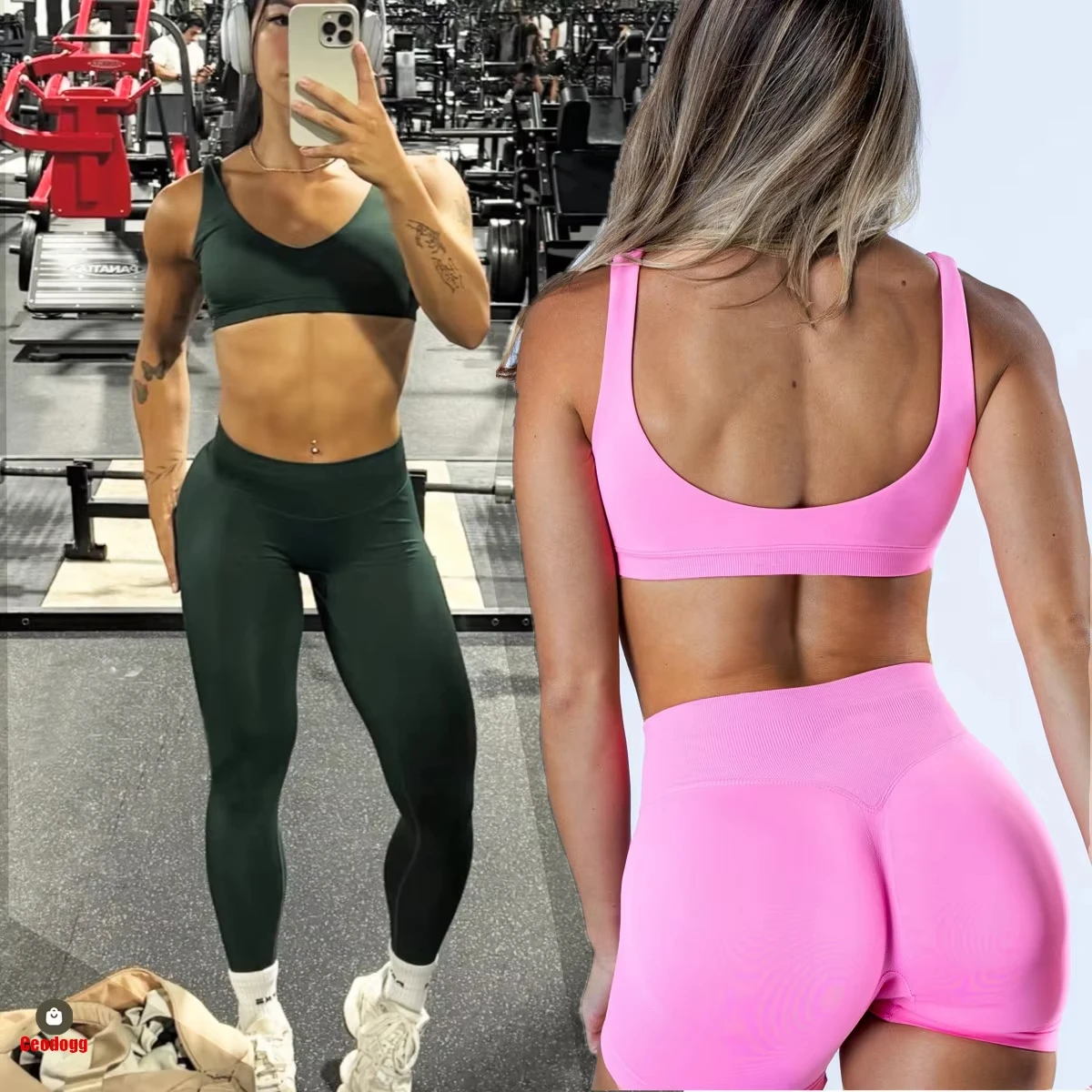 

Женский бесшовный комплект для йоги из 2 предметов: спортивный бюстгальтер с V-образным вырезом и открытой спиной, а также шорты с эффектом подтяжки ягодиц для тренировок в спортзале и фитнеса.