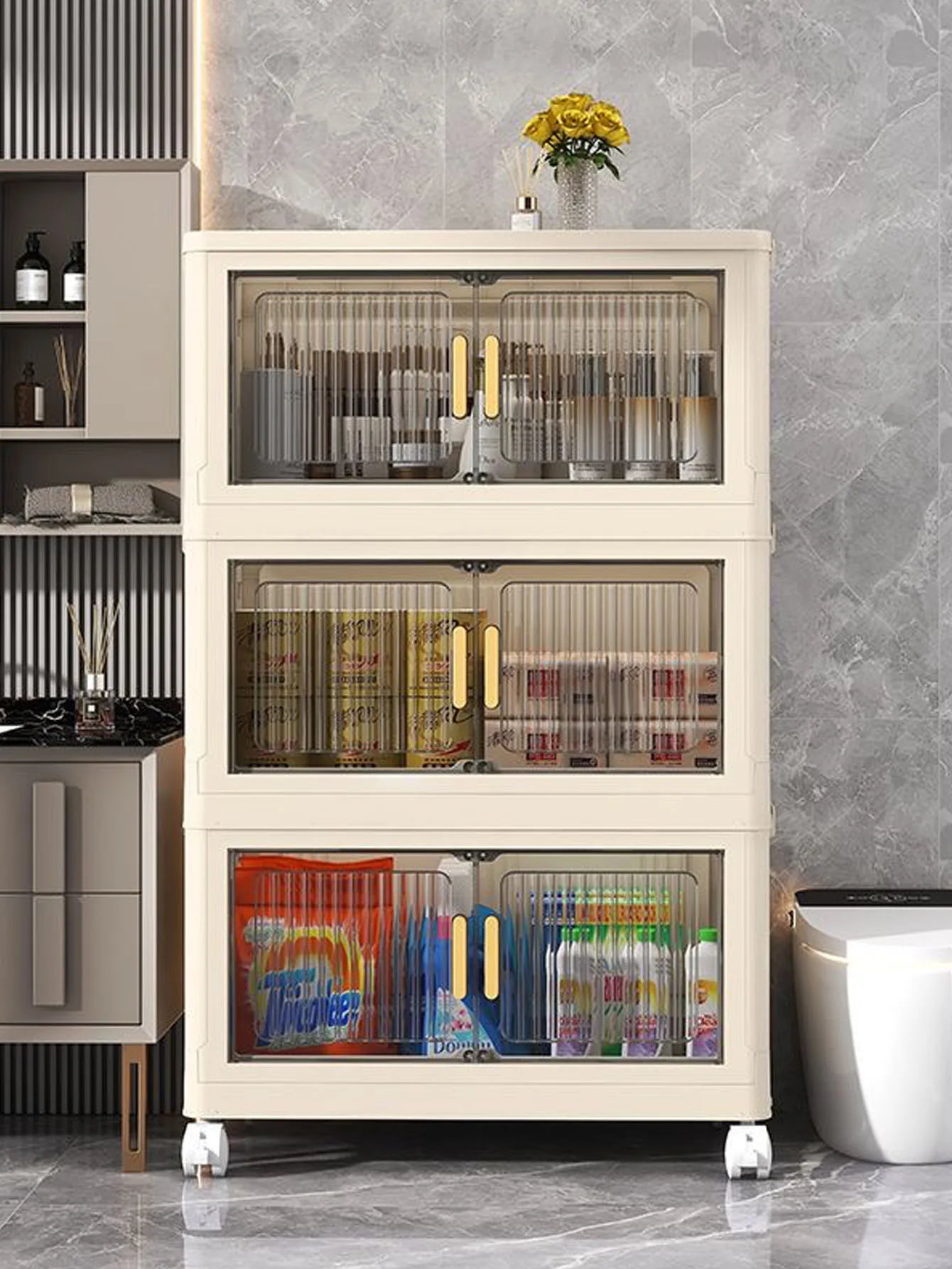 

Foldable Plastic Storage Cabinet for Home Living Room Toy Organizer Kitchen Snack Rack No Installation Required