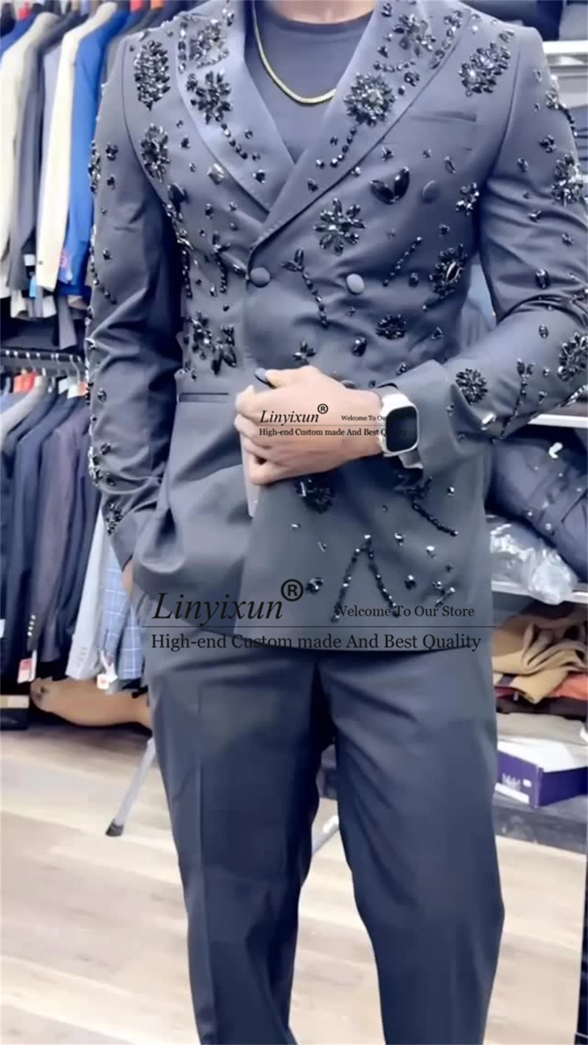 

Роскошные мужские костюмы со стразами и бриллиантами, индивидуальный пиджак для свадебной вечеринки, элитные комплекты из 2 предметов, смокинги для жениха, облегающий костюм Homme