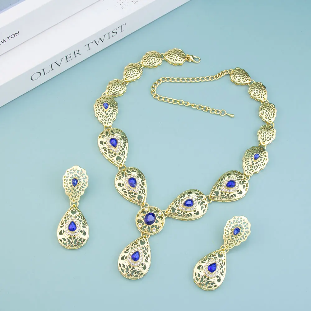 

Sunspicems Elegant Arabic Women Jewelry Sets Gold Color Crystal Moroccan Bridal Choker Necklace Droplet Earring