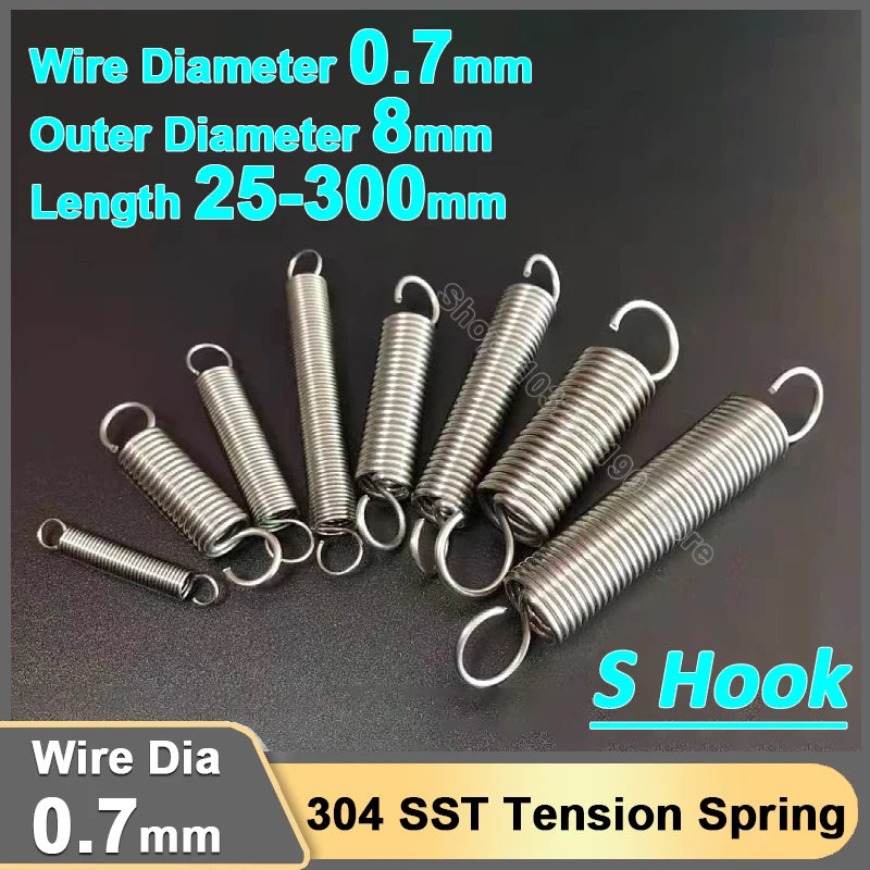 0.7mm Stainless Steel Open S Hook Tension Spring Coil Pullback Extension Expansion Tensile Stretching Springs OD 8mm L 25-300mm