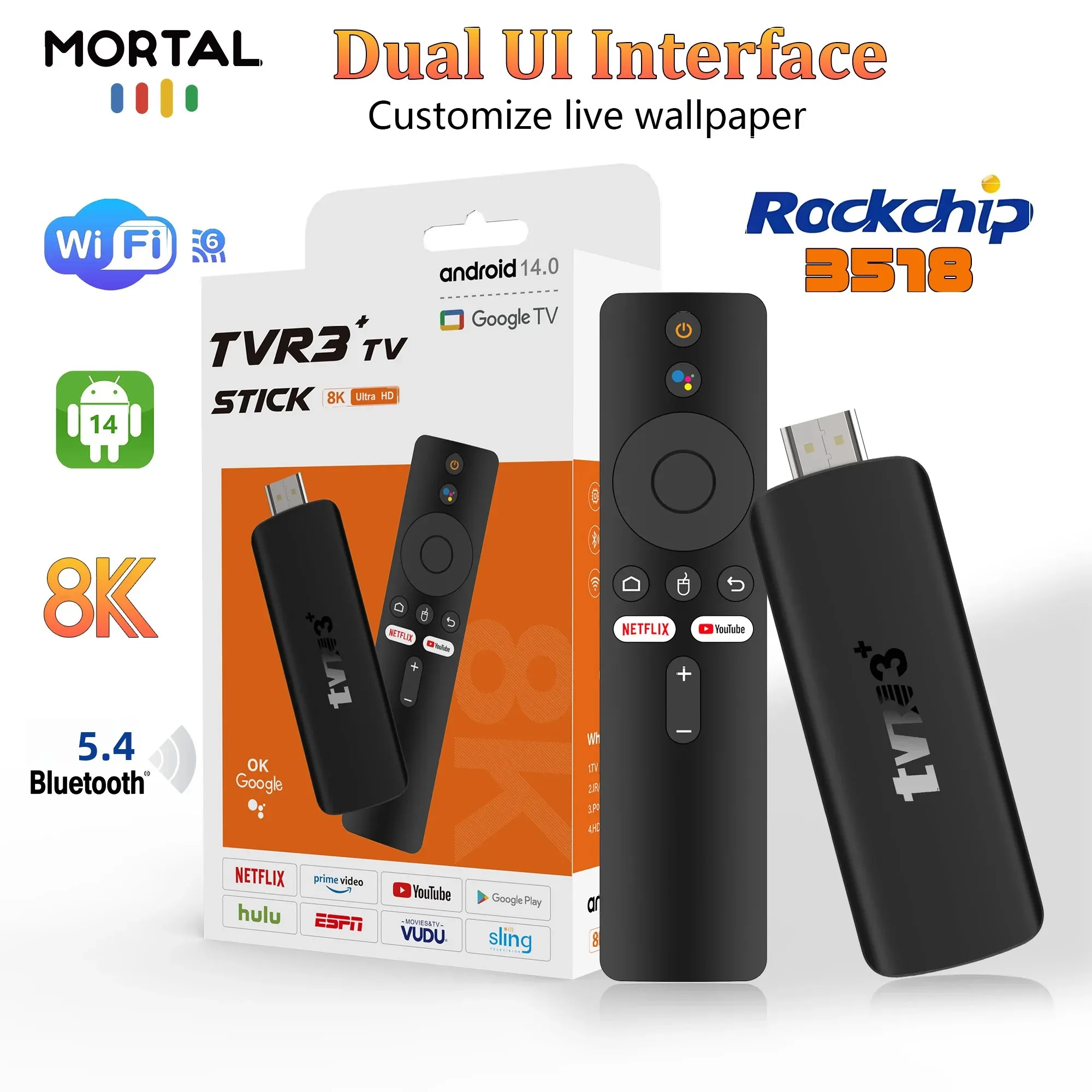 Mortal TVR3 + Android 14 TV Stick 8K Full HD WiFi 6 مشغل الوسائط اللاسلكي Google Voice Netflix BT5.0 Dual-UI Interface RK3518