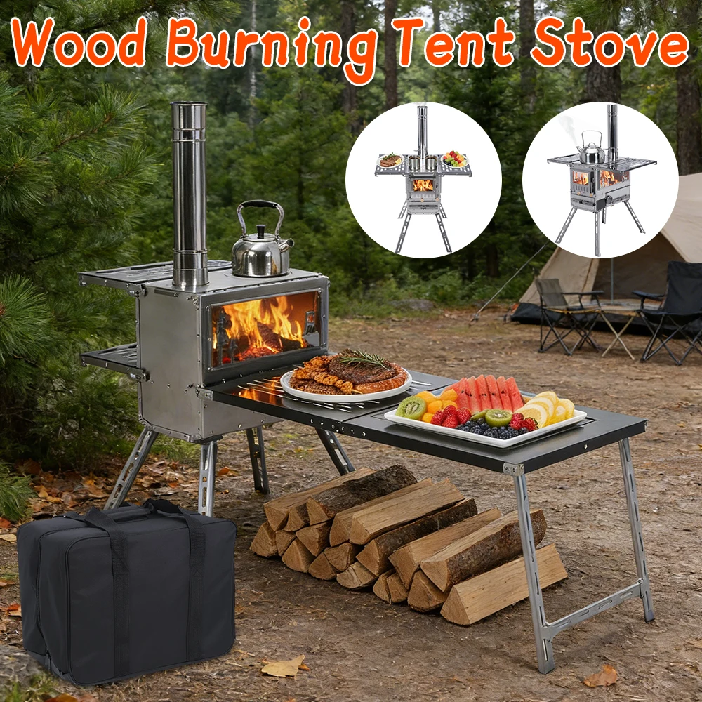 

Нержавеющая горячая палатка, портативная дровяная походная печь с дымоходом для отопления, приготовления пищи, охоты, подледной рыбалки на открытом воздухе ﻿