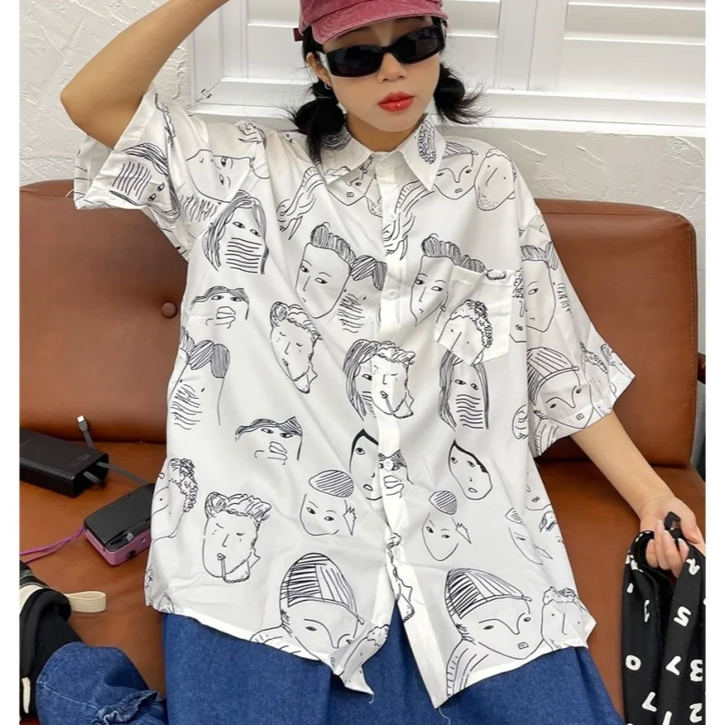 Japanese Lovers Kawaii Y2K Tops Loover Oversized Single Breasted Personalized Shirt Cartoon Face Graphic Clothes Hip Hop Casual