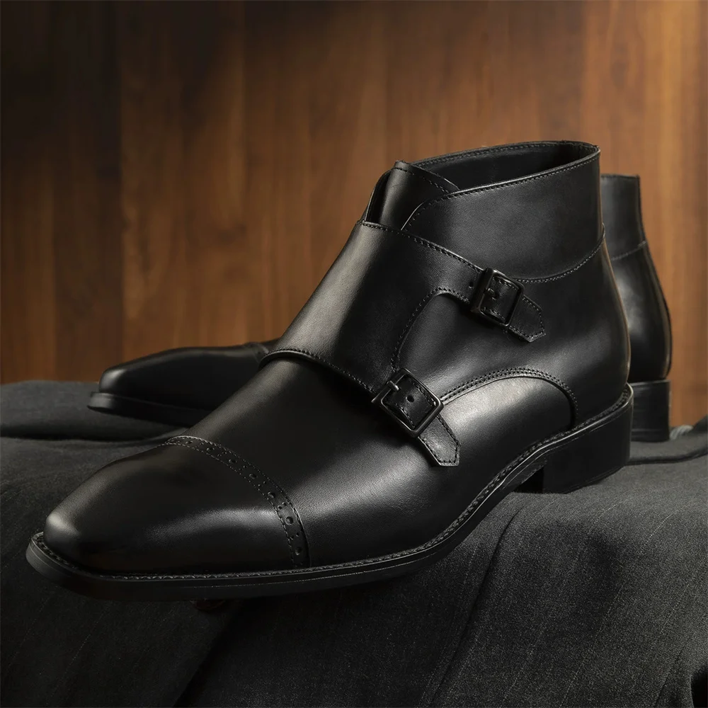 

2025 Winter New Genuine Leather Men Boot Round Toe Doube Buckle Strap High Top Formal Business British Style Chelsea Boot