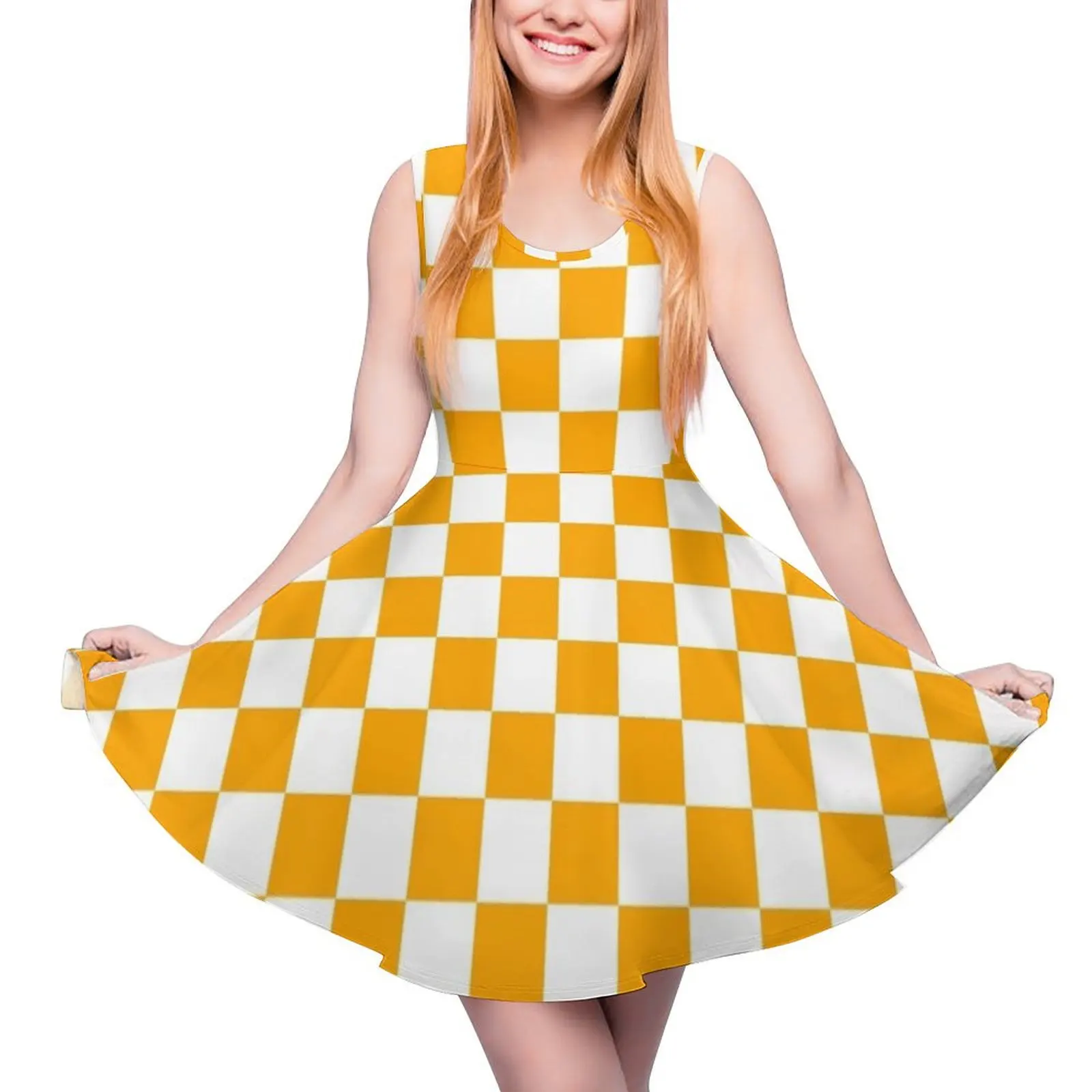 

Orange And White Checkerboard Pattern Sleeveless Dress dress for woman african dresses for woman Dress for girls womens clothing