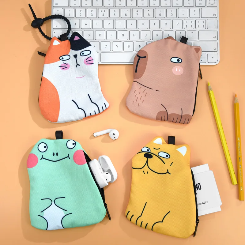 Funny Keychain With Fabric Storage Bag Cartoon Cat Bag Keyrings For Bag Pendant Capybara Coin Bag Keychain Car Keys Accessories