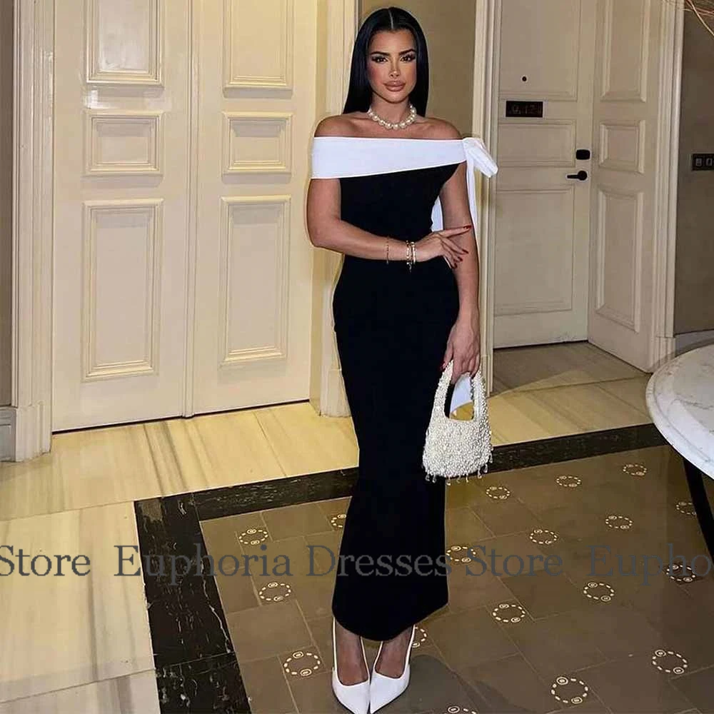 Modern Contrast Color Ceremony Dresses Jersey Sheath/Column Prom Dress Black Off-the-shoulder White Bow Draped Party Gown Midi