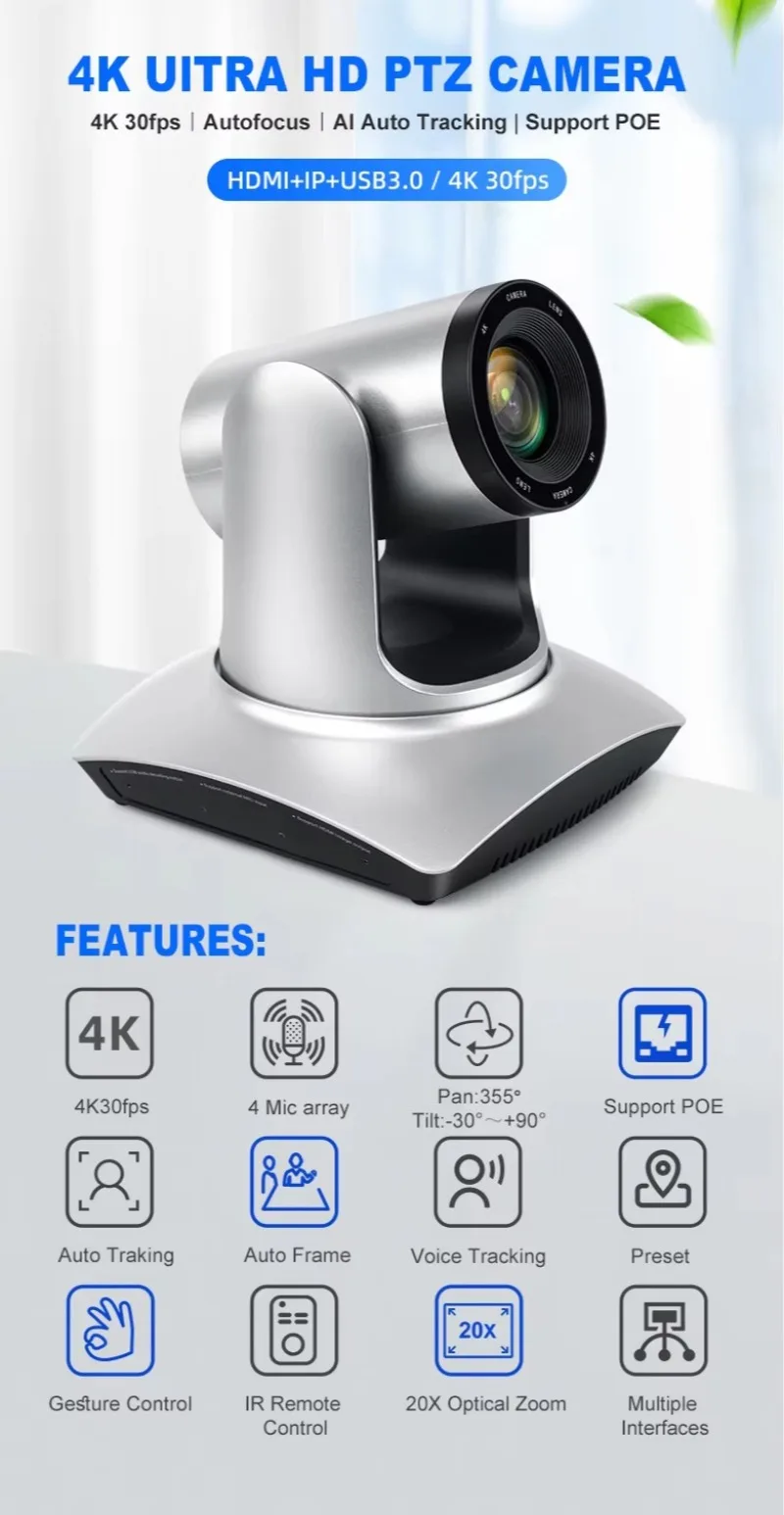 Hot Selling 4K 8MP Ptz Camera 20X Optical Zoom HDM1 USB3.0 POE Output 355 Degree Rotating for Live Streaming Voting PTZ Camara