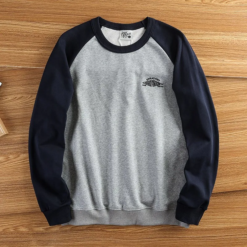 

American Retro Shoulder Sleeve Sweatshirt Men Loose Pure Cotton Embroidery Spring Autumn Color Block Sports round Neck Overhe...