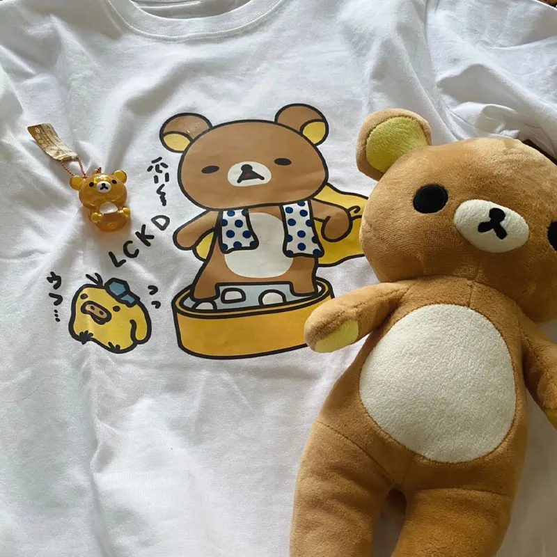 Kawaii милая футболка Rilakkuma, новый белый женский топ из чистого хлопка с короткими рукавами и принтом, подарки для подруги