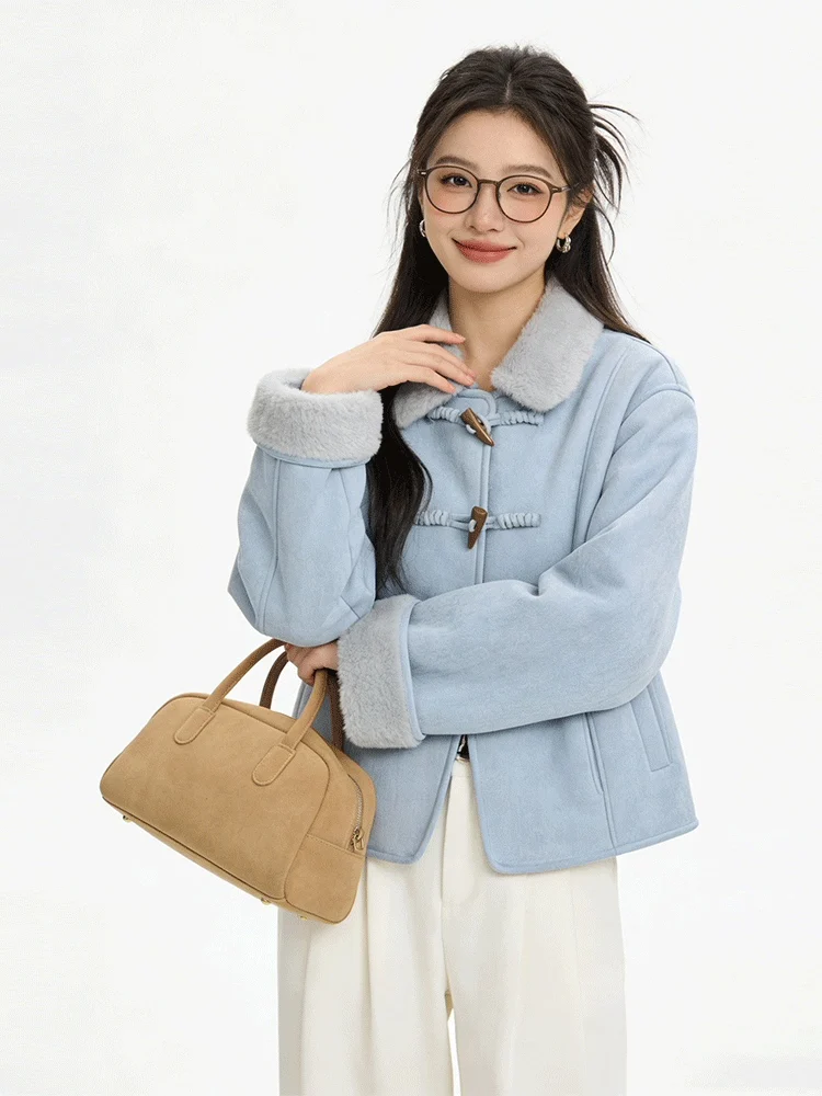 

Korean Sle ort Suede Jaet Thi Warm Casual Leather Fur Inteated Blue Retro Button Women's Outerwear Spring Commute Wind