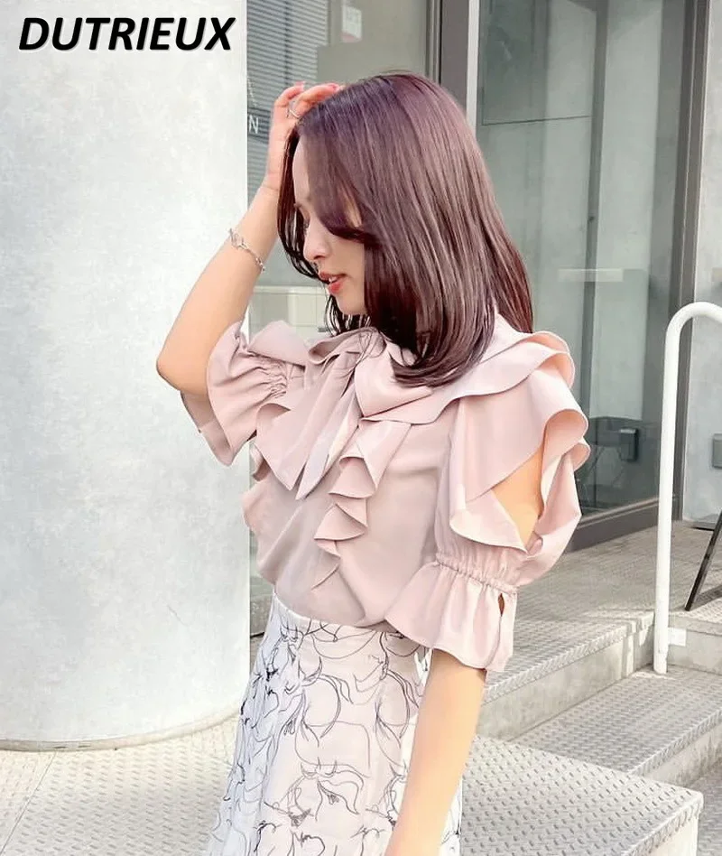 Elegante Blouse Vrouwelijke Ruches Rand Korte Mouw Shirt Effen Kleur Mode Japanse Stijl Casual Shirts Eenvoudige Vrouwen Tops Zomer