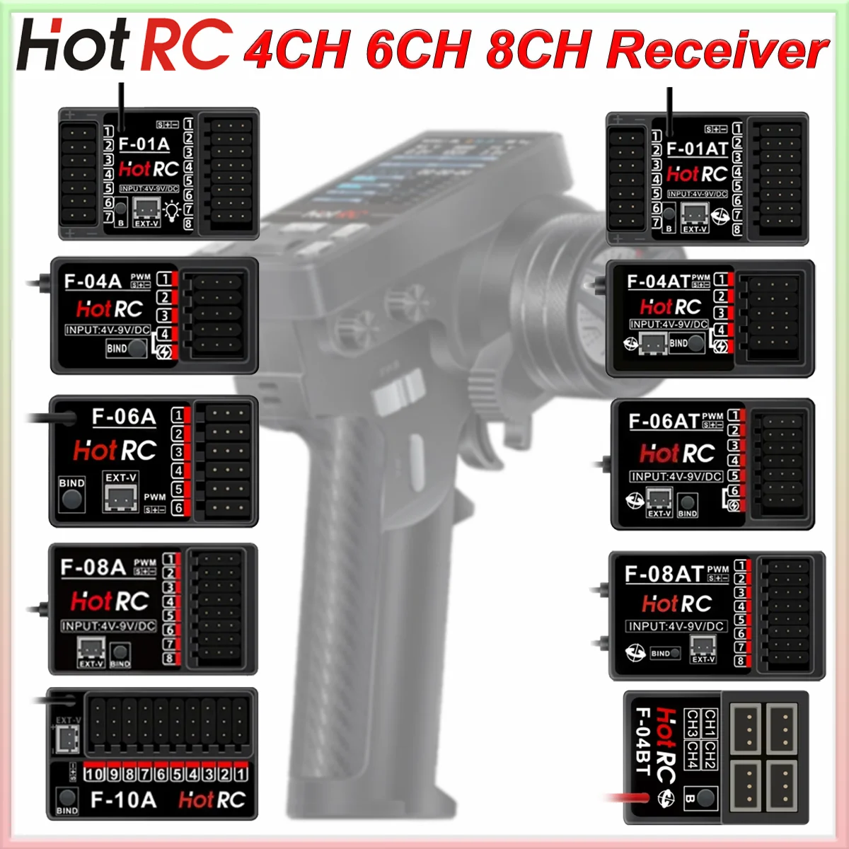 HotRC F-04A F-06A F-08A F-01A F04BT F-10A 4/6/8CH Gyro Receiver Voltage Return for RC Car Aircraft Boat CT-10B CT-6A Transmitter