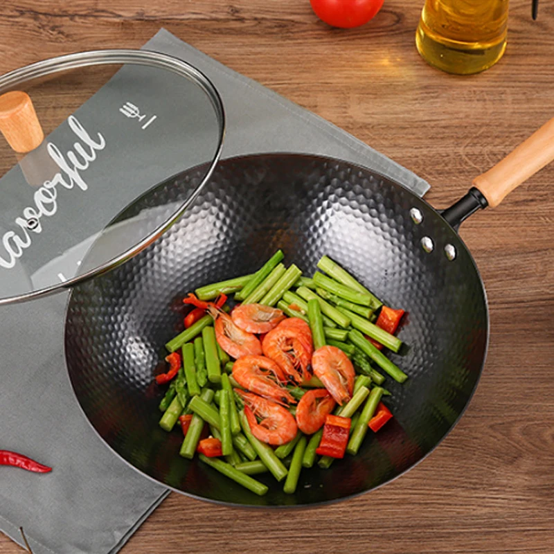 32cm Carbon Steel Wok Pan,No Coated Flat Bottom Chinese Woks Pan for Induction, Electric, Gas, Halogen All Stoves