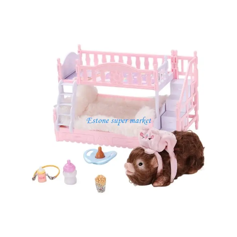 090B Adorable Rubber Animal Toy with Fuzzy Hair & Twin Beds Non Toxic Simulation Pig Doll Great for Pretend Play Scenarios