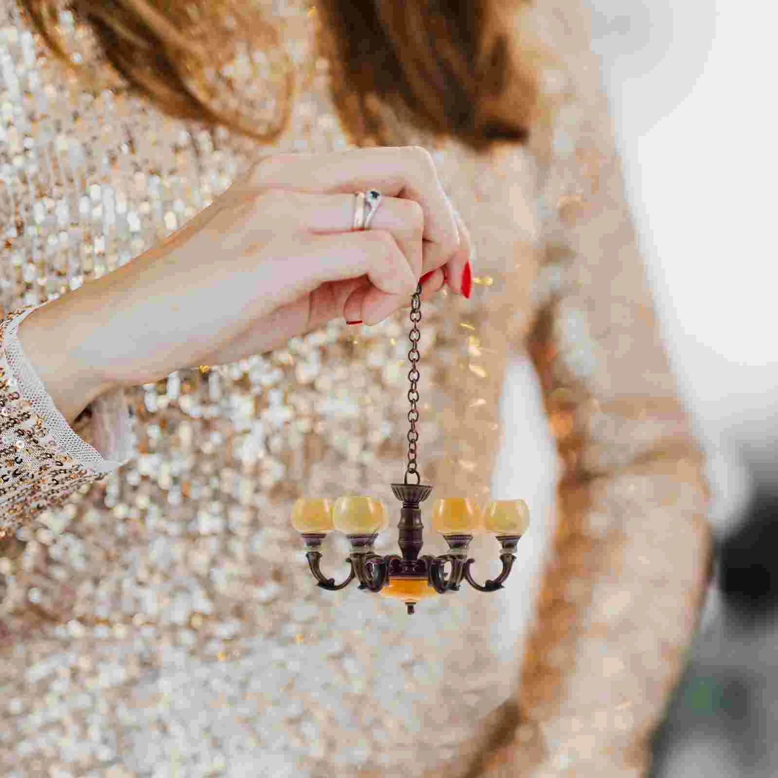 Retro Chandelier Model Light Ceiling Prop Mini House Furniture Miniature Lamp Photo Wooden