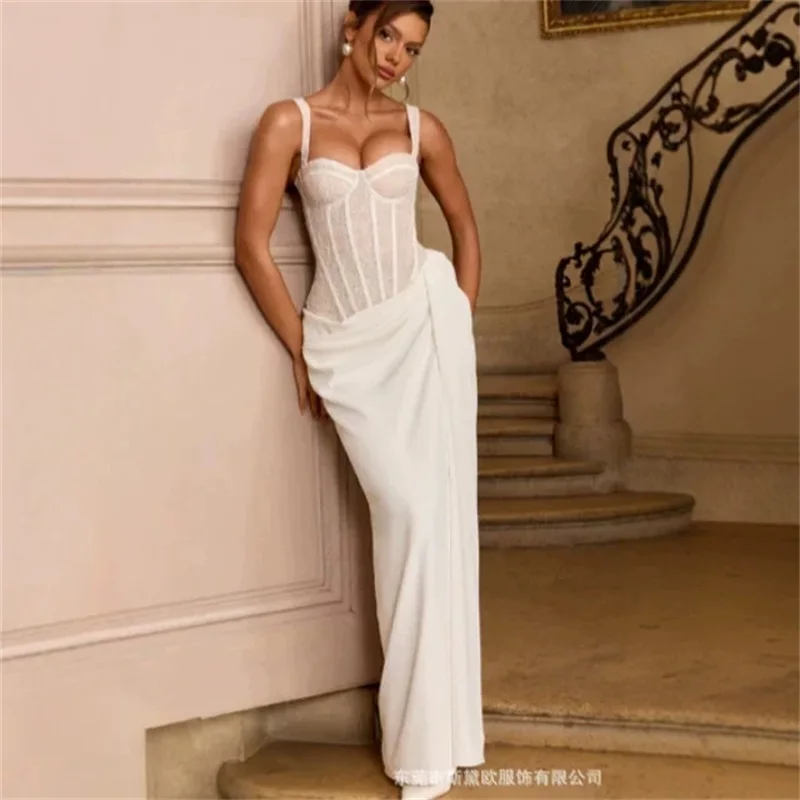 

White Satin Prom Dress Sexy Stripe Corset Sleeveless Ruffles Sheath Party Gown Lace Up Back Formal Wedding Guest Birthday Robe