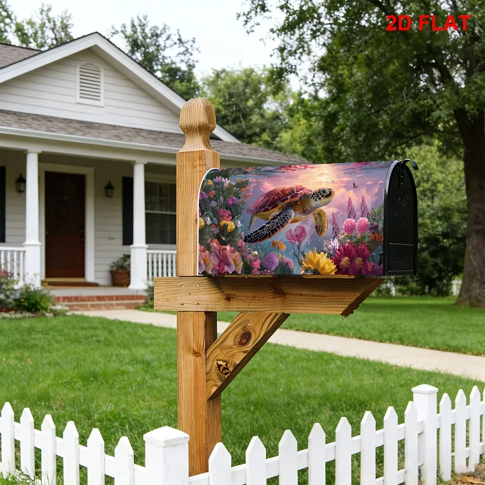1pc Sea turtle mailbox cover with colorful wildflowers and sunset, suitable for outdoor mailbox decoration for yards and gardens