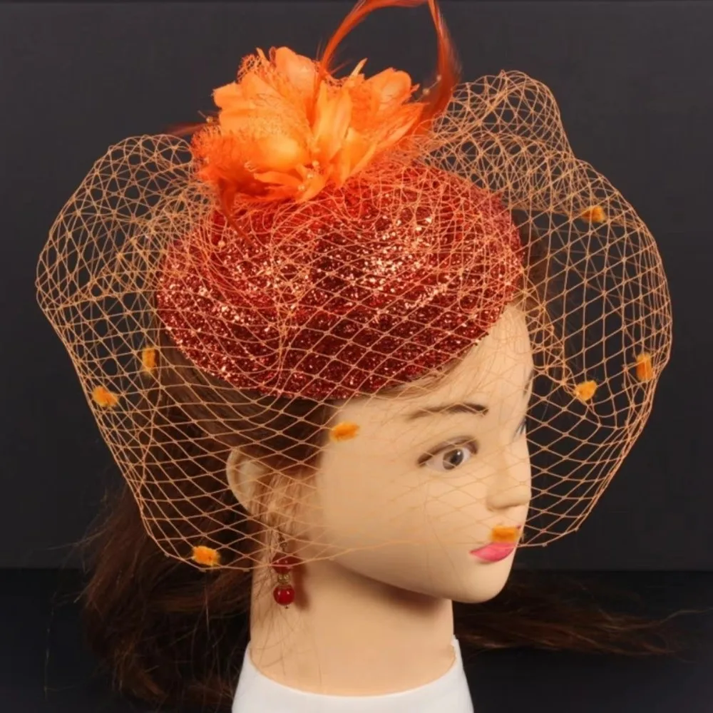 Elegant Solid Color Felt Fascinator Hat Wave Point Mesh Bridal Headdress Feather Flower Handmade Small Top Hat Girl