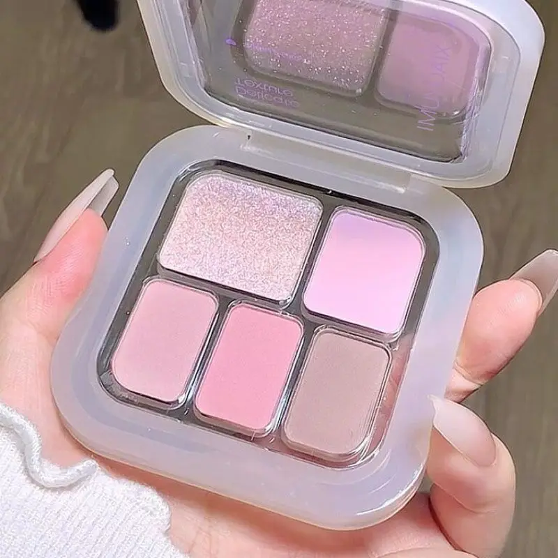 韓国の5色アイシャドウ＆ブラッシュパレット、真珠光沢のあるマットな明るいグラウンドカラー、スモーキーブラック＆ホワイト、セメントグレー、ポータブル