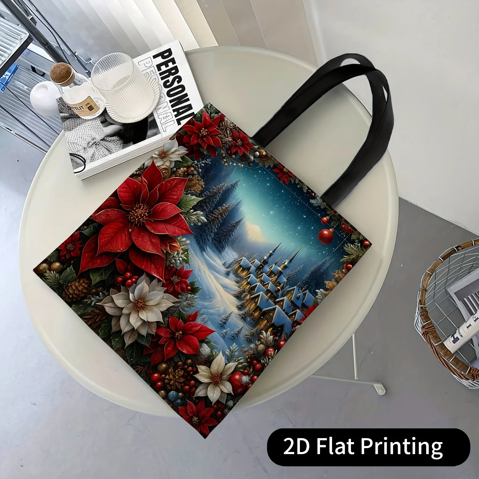 1pc Large Capacity Tote Bag Winter Wonderland Christmas Tote with Poinsettias, Snowy Village Red Poinsettia Flowers