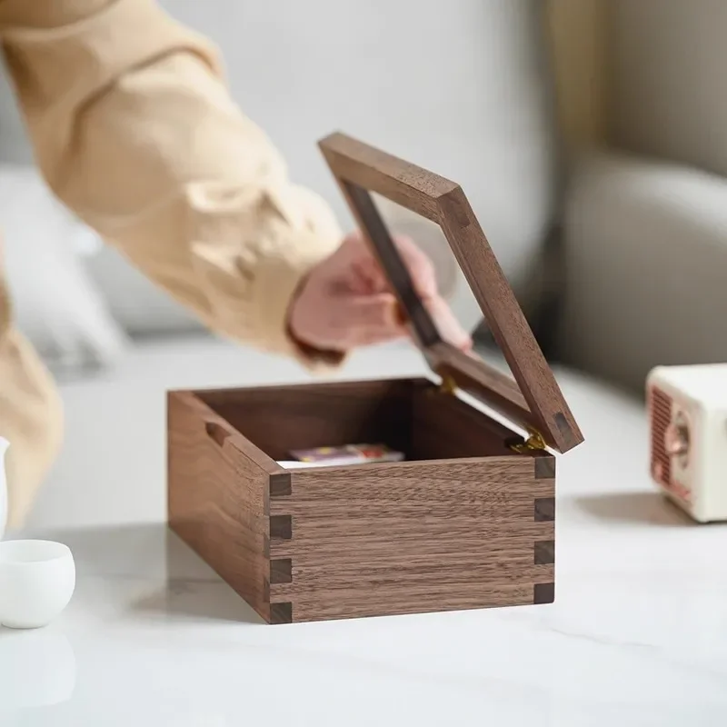 Black Walnut Storage Box with Glass Lid Japan Style Jewelry Display Box Multi-Function Desk Organizer Home Table Decor