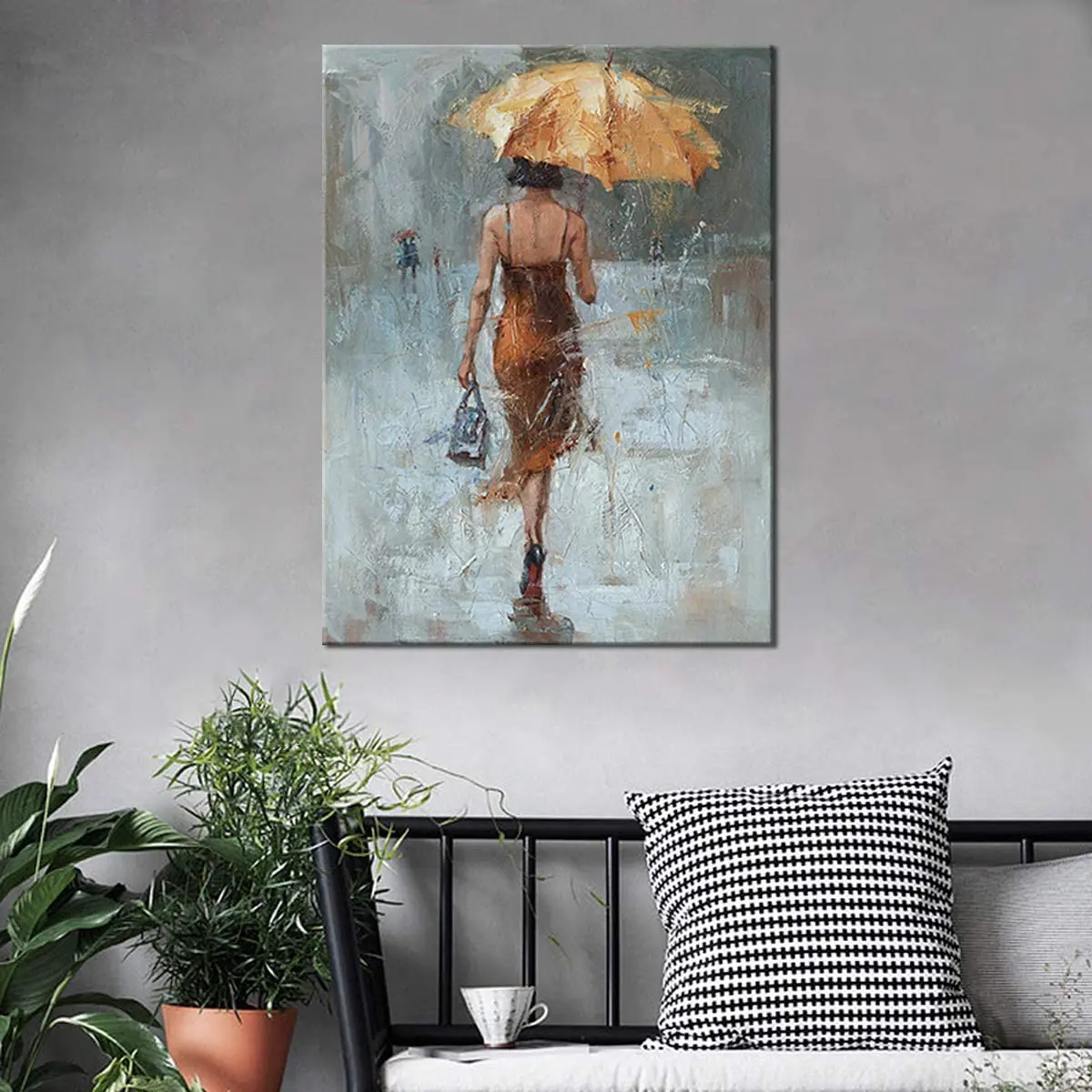 

Girl Umbrella With Khaki Dress Walking in Street Rain Poster Picture Canvas Wall Art Home Decor Paintings Living Room Decoration