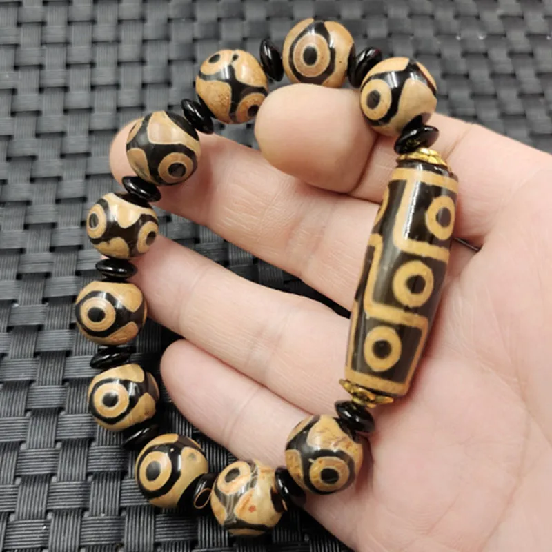 Three- , Nine-Eyed Dzi Bead Lulutong , Ancient Chinese Artifacts , Jade Bracelet