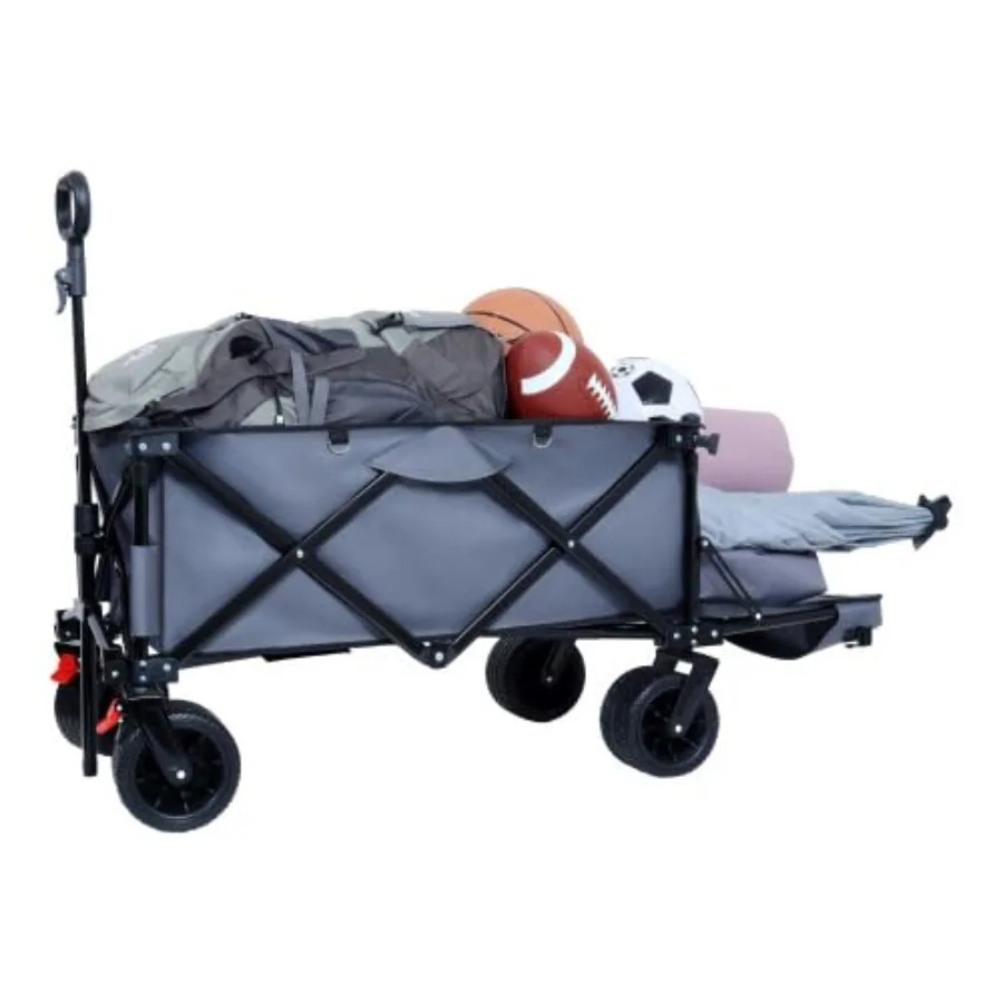 Beach and camping wagon: heavy-duty gray foldable cart with all-terrain wheels, 400 LBS capacity, extended tailgate, and extra-
