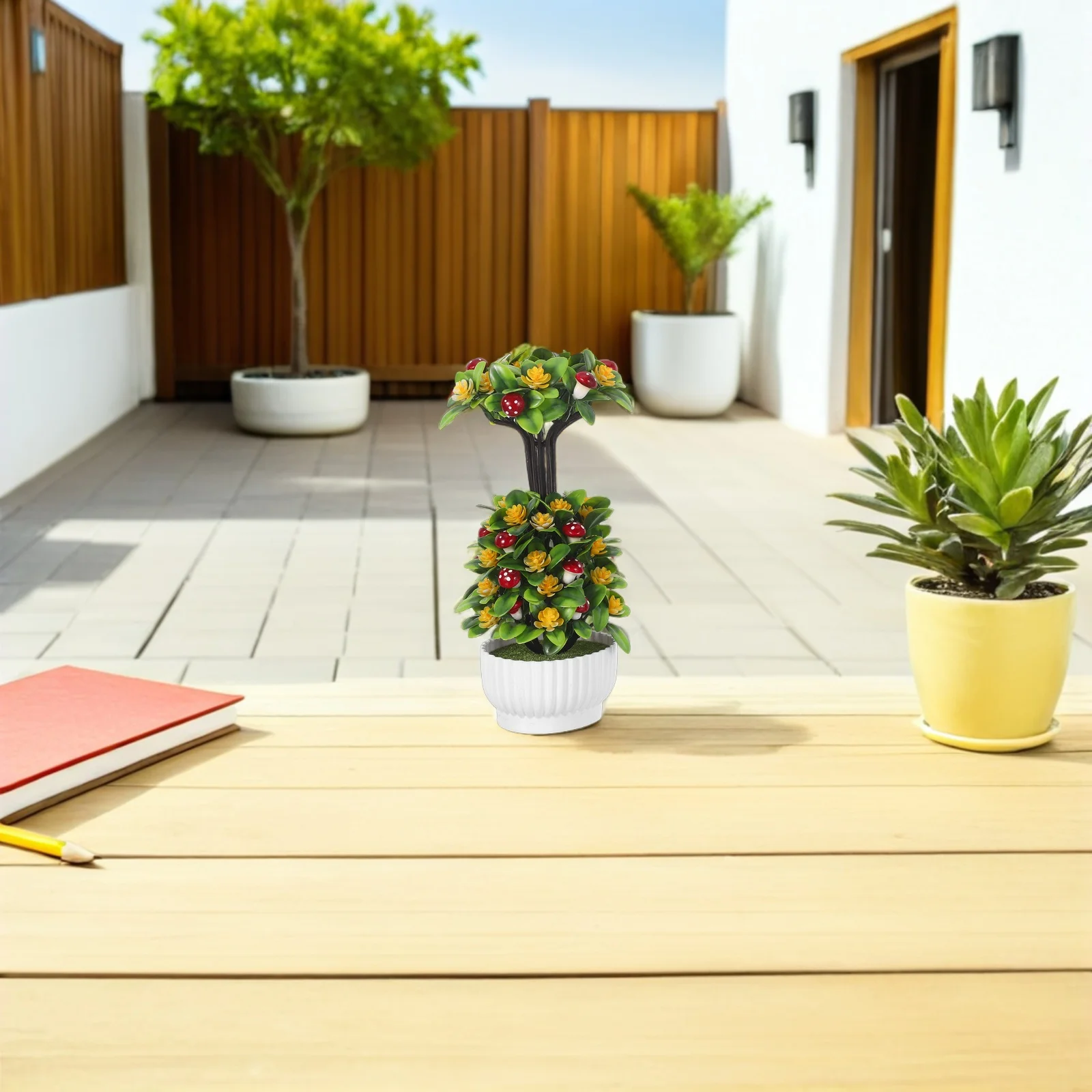 

Realistic Small Faux Bonsai Tree with Mushroom Accents - Decorative Fake Plants for Office Desk Bathroom Shelf Indoor Decor