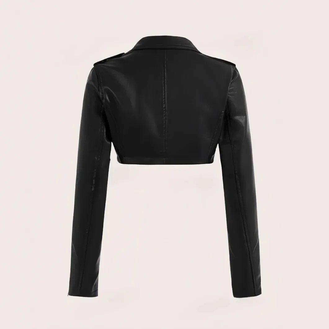 ソリッドカラーの襟ボンバージャケット、スリムフィット、オートバイスタイルの半袖レザーコートレディースジャケットレディースジャケット