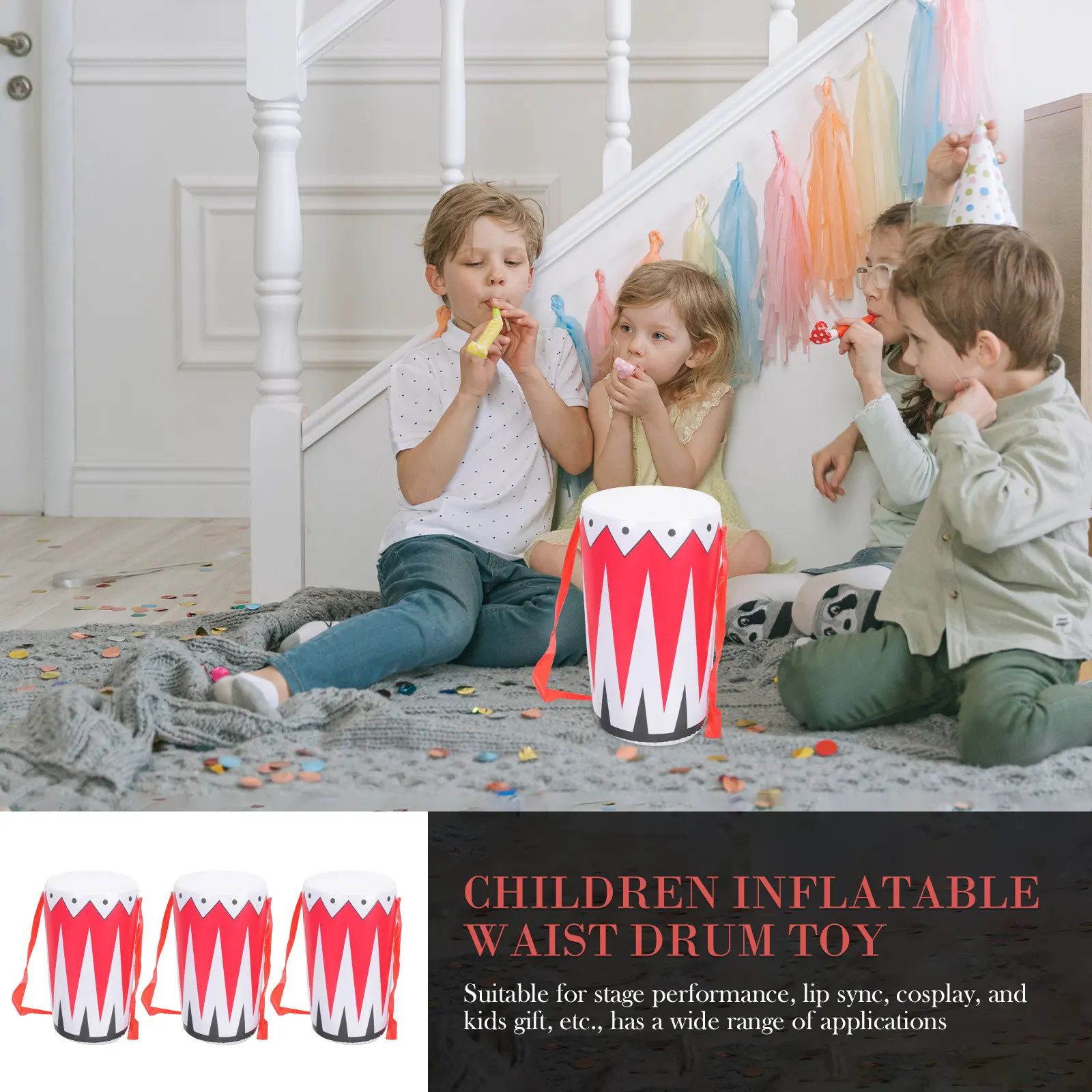 

Набор из 3 надувных поясных барабанов из утолщенного ПВХ, экологически чистый, для детских музыкальных мероприятий, тематических вечеринок и ролевых игр