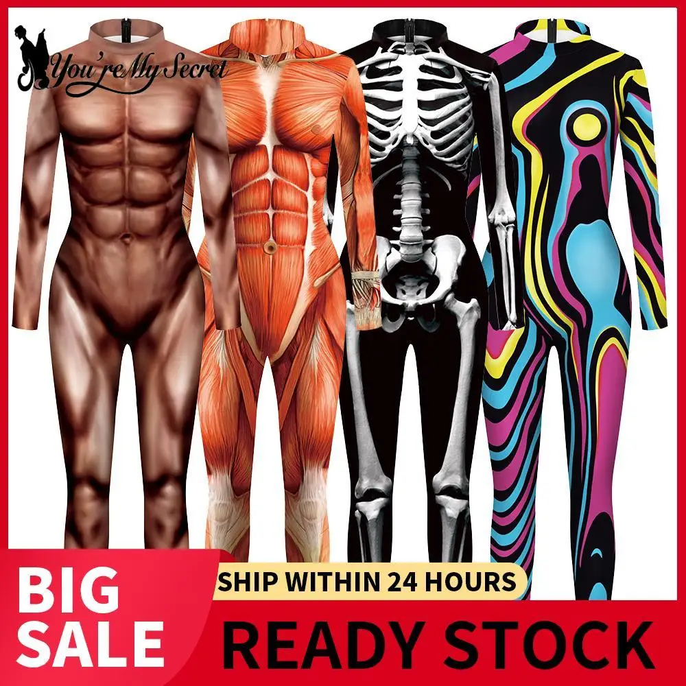 [You\'re My Secret] Women\'s Catsuit Fashion Funny Halloween Cosplay Costumes 3D Skeleton Muscle Print Zentai Bodysuit Jumpsuits