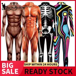 [You're My Secret] Women's Catsuit Fashion Funny Halloween Cosplay Costumes 3D Skeleton Muscle Print Zentai Bodysuit Jumpsuits