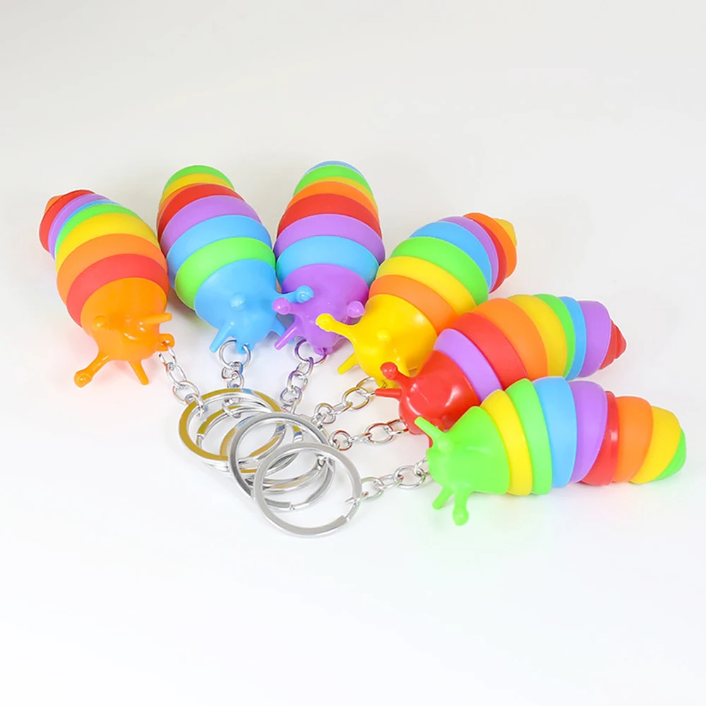 Creative Rainbow Color Caterpillars Keychain Relaxing Plastic Animal Keyring for Women Men Car Handbag Phone Case Pendant Gifts