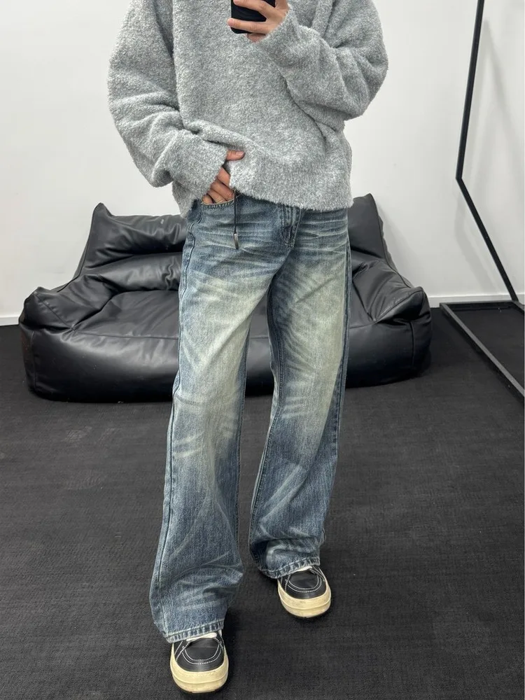 

Retro American High Street Handmade Double Rinsed Jeans Men Loose Straight Leg Wide Leg Casual Pants Winter Season
