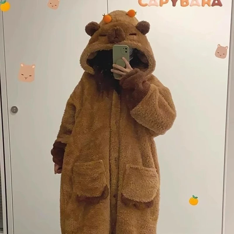 Cute Capibara Adult Pajamas Onesies Cartoon Pyjama Halloween Cosplay Thickened Warm Home Clothes Suit Gift Animal Sleepwear