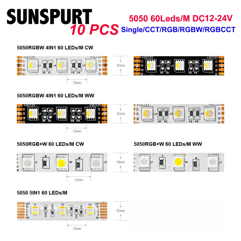 

5-100M 10MM 12MM PCB RGBCCT RGBWW W WW RED 5 IN 1 4 IN 1 LED Strip 5050 DC12V/ 24V Flexible Light RGB+White+Warm White 60 LEDS/m