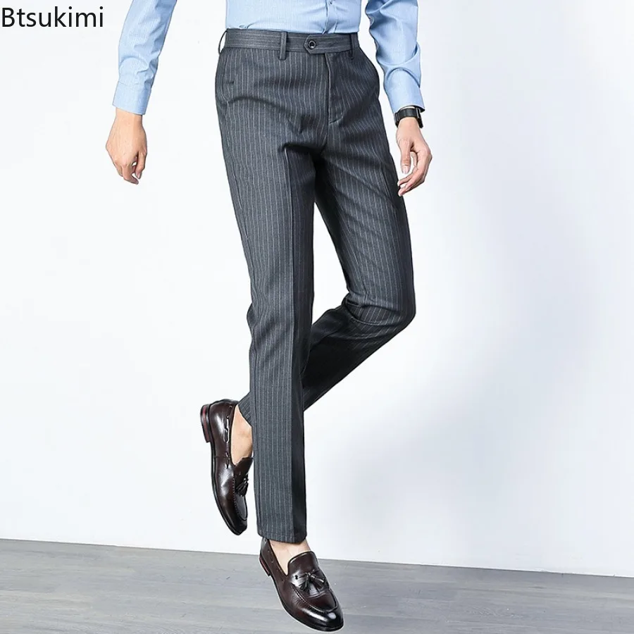 2024 New Men's Suit Pants Fashion Business Casual Straight Pants Korean Style Slim Fit Striped Non-ironing Suit Trousers for Men