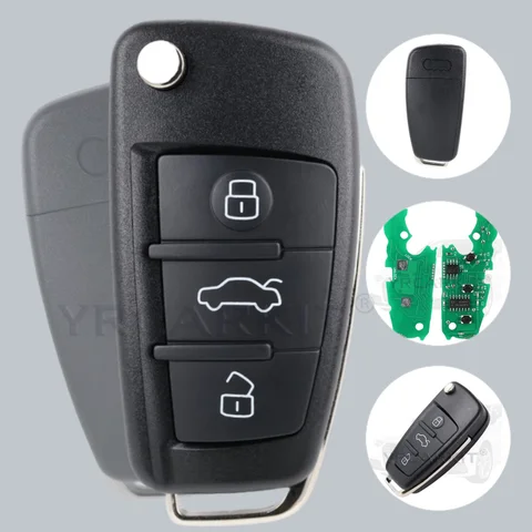 YRCARKIT 아우디 A1 A3 TT S1 S3 Q3 TTS 2005+ 플립 키 Fob 제어 원격 자동차 키 433Mhz ID48 8P0 837 220 D 3 버튼 배터리