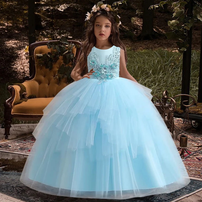 

Blue Bridal Flower Girl Dress Wedding Party Elegant Girl Sequin V-back Bow Long Dress 5-14T Children's Formal Evening Dress