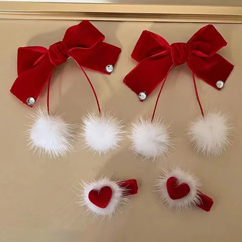 

Red Velvet Bow Hairpins for Princess Girl Cute Pompom Heart Kids Hair Clips Korean Sweet Clips New Year Hair Accessories