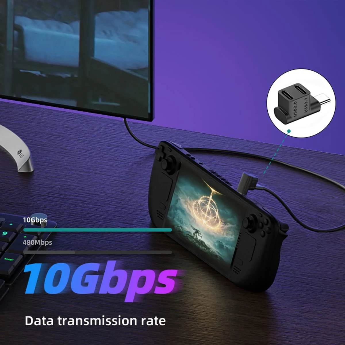 يصلح لسطح البخار 2 في 1 تمديد موصل الزاوية اليمنى نوع C USB C الفاصل محول ذكر إلى أنثى لعبة وحدة التحكم الملحقات