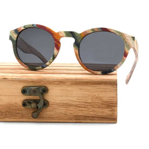 Gafas de sol de madera con grafiti de colores, gafas de sol redondas Vintage hechas a mano para mujeres y hombres, gafas polarizadas UV400 de bambú Natural